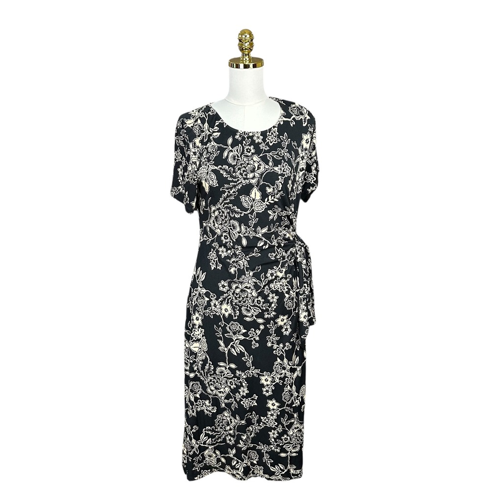 Johnny Was Womens Black Floral Side Tie Midi Dress Short‎ Sleeve Size M